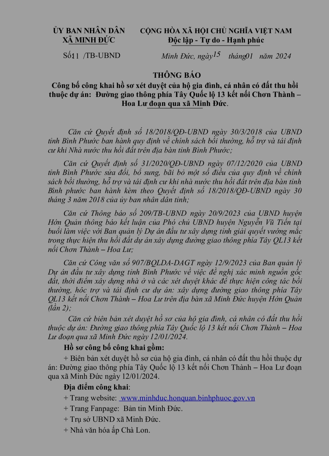 Thông báo Công bố công khai hồ sơ xét duyệt của hộ gia đình, cá nhân có đất thu hồi thuộc dự án: Đường giao thông phía Tây Quốc lộ 13 kết nối Chơn Thành - Hoa Lư đoạn qua xã Minh Đức