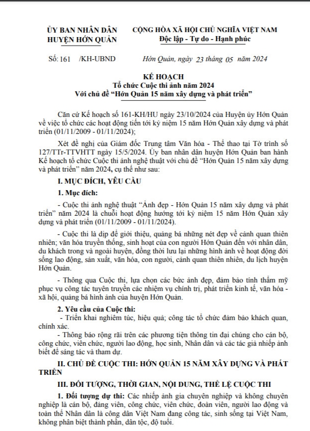 Kế hoạch cuộc thi ảnh năm 2024 với chủ đề "Hớn Quản 15 năm xây dựng và phát triển"