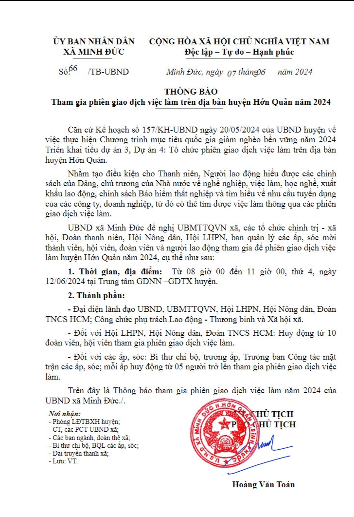 THÔNG BÁO THAM GIA PHIÊN GIAO DỊCH VIỆC LÀM TRÊN ĐỊA BÀN HUYỆN HỚN QUẢN NĂM 2024