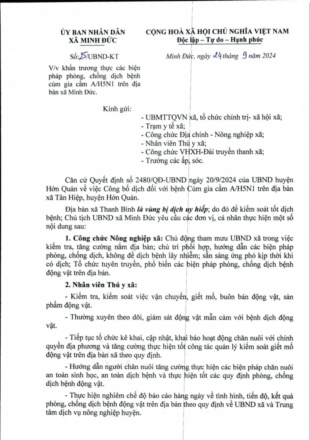 Khẩn trương thực các biện pháp phòng, chống dịch bệnh cúm gia cầm A/H5N1 trên địa bàn xã Minh Đức.